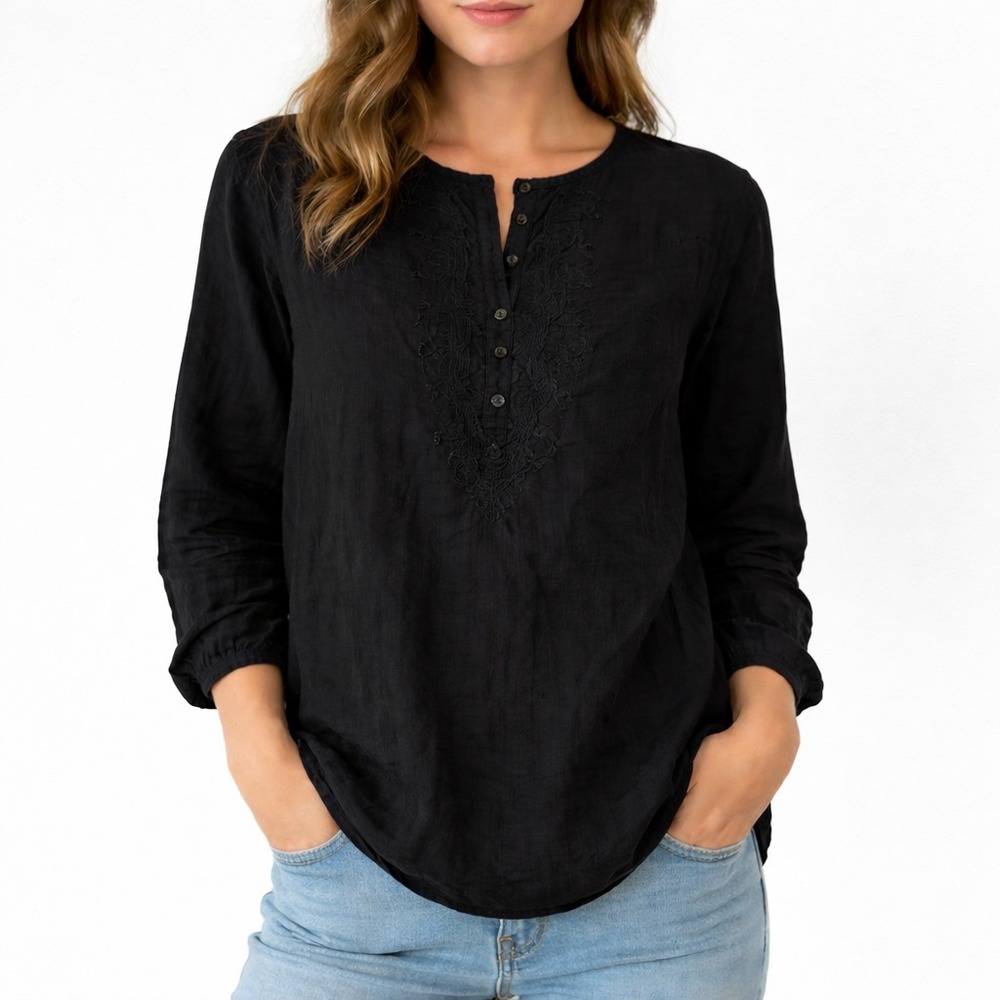 J.Crew Pullover Top Women's Small Black Round Neck Embroidered‎ Button Cuffs